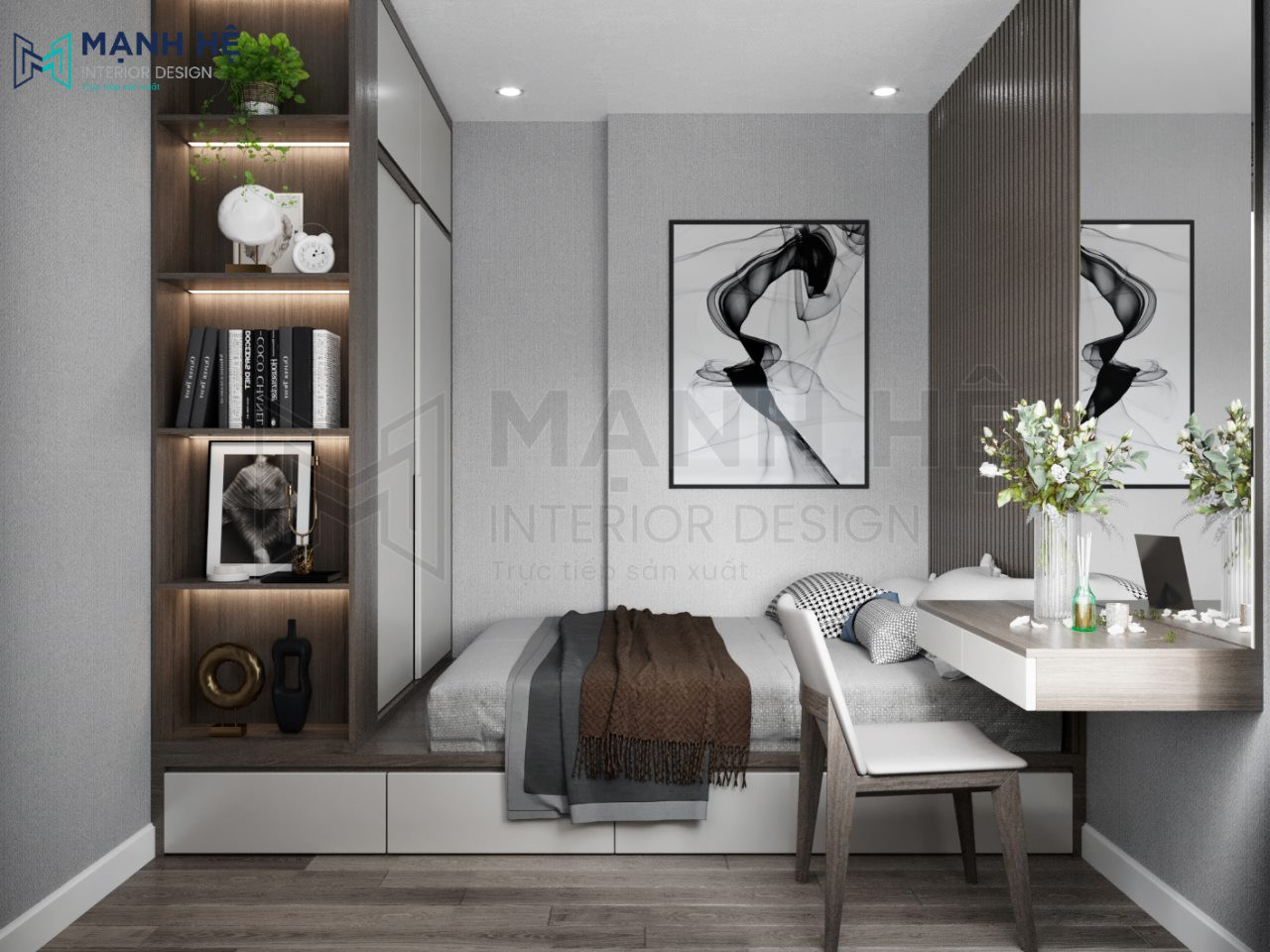 Bàn làm việc kết hợp bàn phấn treo tường có sử dụng ghế tựa lưng thoải mái