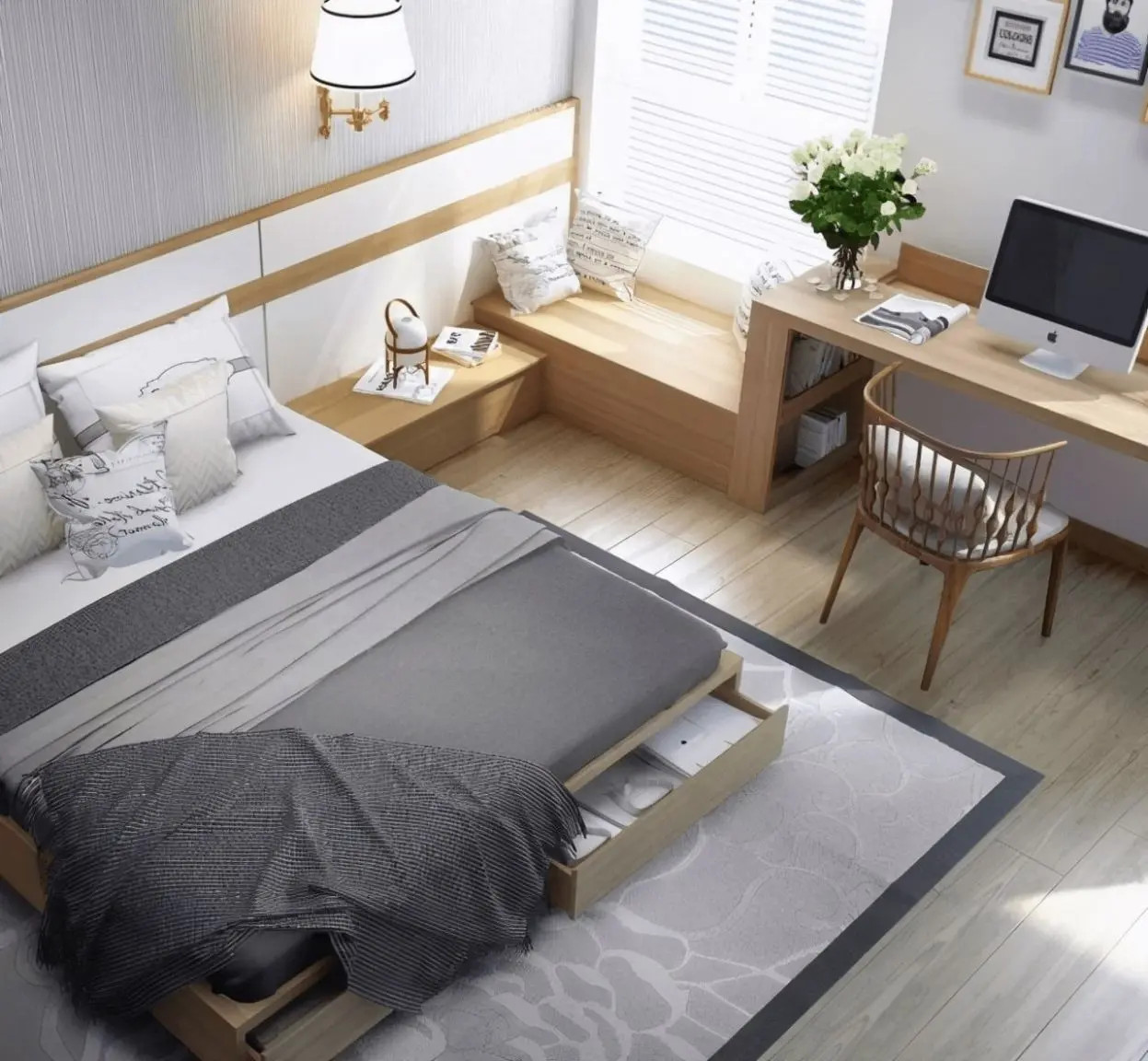 Bàn làm việc nhỏ đặt trong phòng ngủ có diện tích hạn chế, cho thấy sự lựa chọn kích thước phù hợp