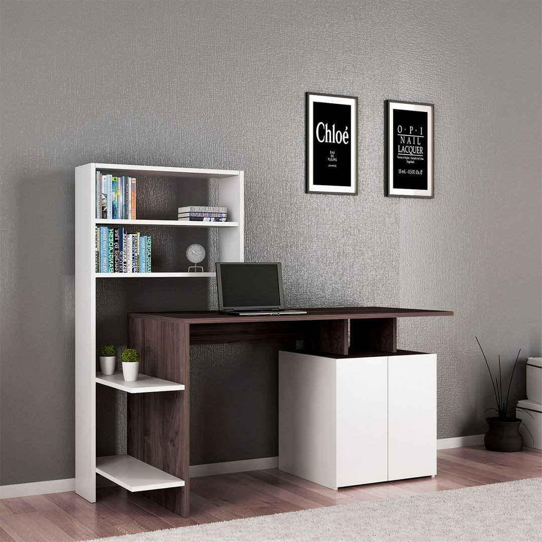 Bàn làm việc nhỏ gọn bằng gỗ công nghiệp màu nâu ấm áp, bền đẹp.