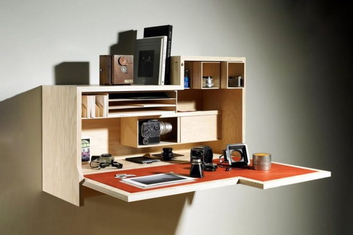 Bàn làm việc treo tường cố định màu gỗ tự nhiên