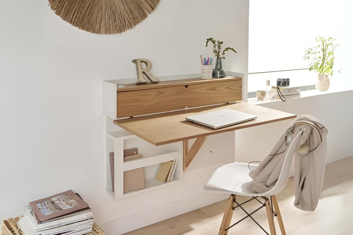 Bàn làm việc treo tường gấp gọn kết hợp kệ lưu trữ tiện lợi