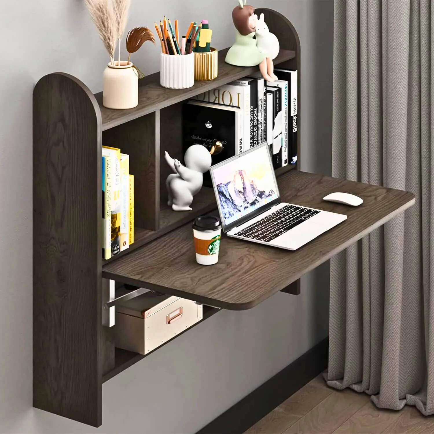 Bàn máy tính treo tường gấp gọn màu trắng, tiết kiệm diện tích