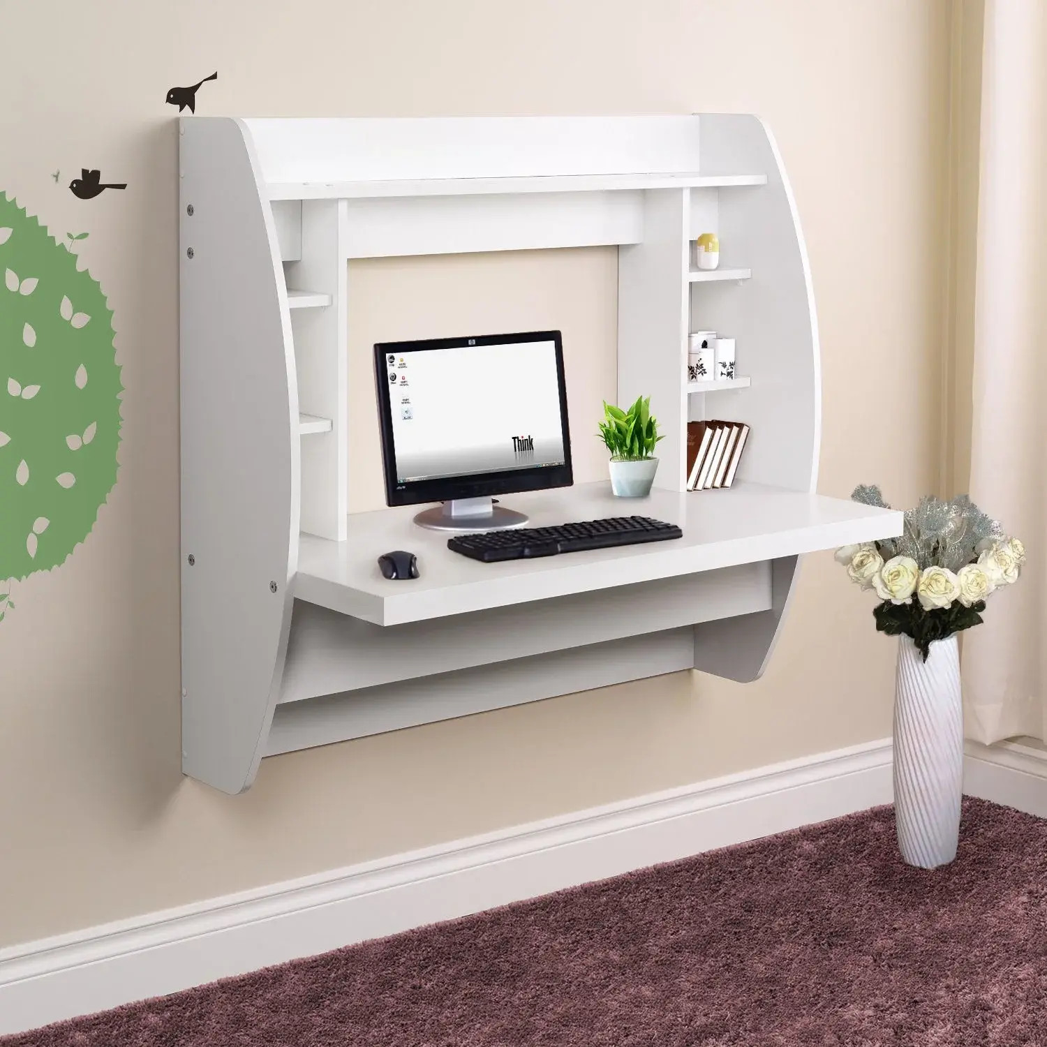 Bàn máy tính treo tường rộng rãi với không gian để màn hình và phụ kiện