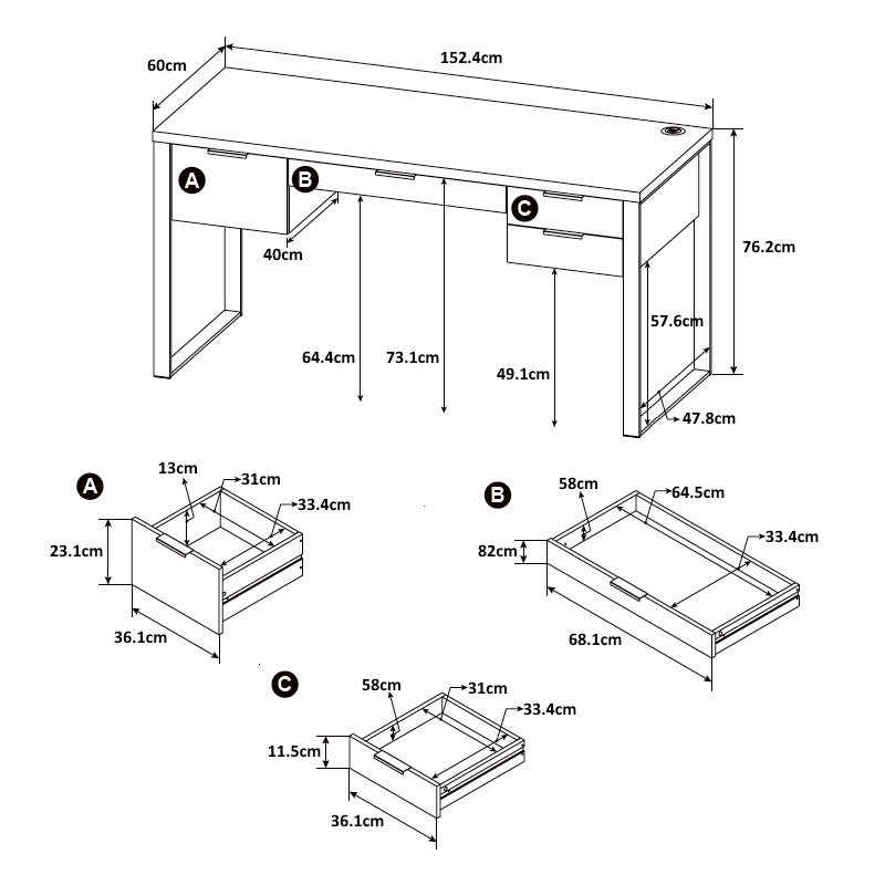 Bản vẽ kỹ thuật chi tiết của bàn làm việc 1m5 với thiết kế ngăn kéo, giúp người dùng dễ dàng hình dung.