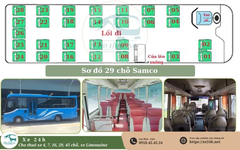 Bản vẽ sơ đồ ghế ngồi xe 29 chỗ Samco, thể hiện từng hàng ghế.