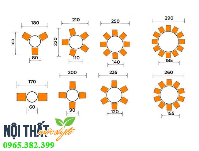 Bảng minh họa các kích thước tiêu chuẩn của bàn ăn tròn cho gia đình