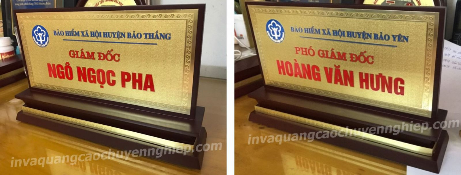 Bảng tên để bàn làm việc chất liệu đồng gắn đế gỗ trên bàn làm việc