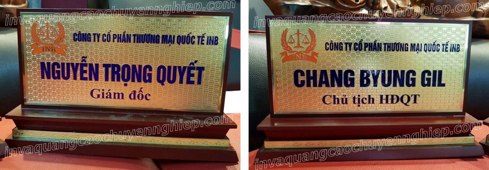 Bảng tên để bàn làm việc đồng gỗ với logo và chức danh rõ nét