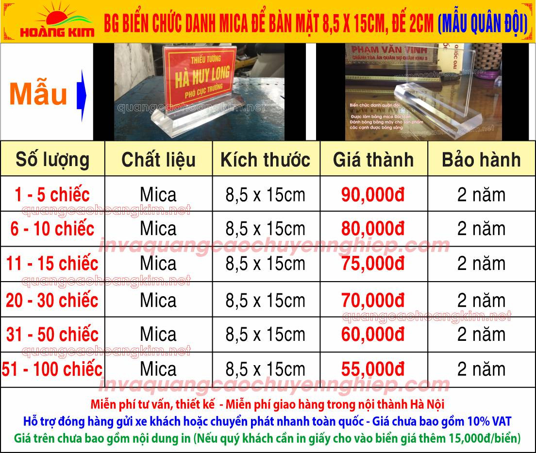Bảng tên để bàn làm việc mica trong cho quân đội