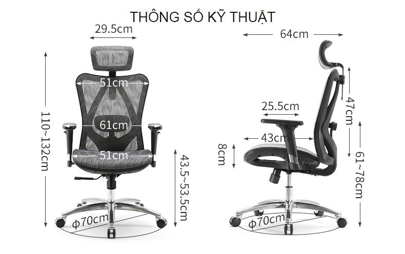 Bảng thông số kỹ thuật chi tiết của ghế công thái học Sihoo M57