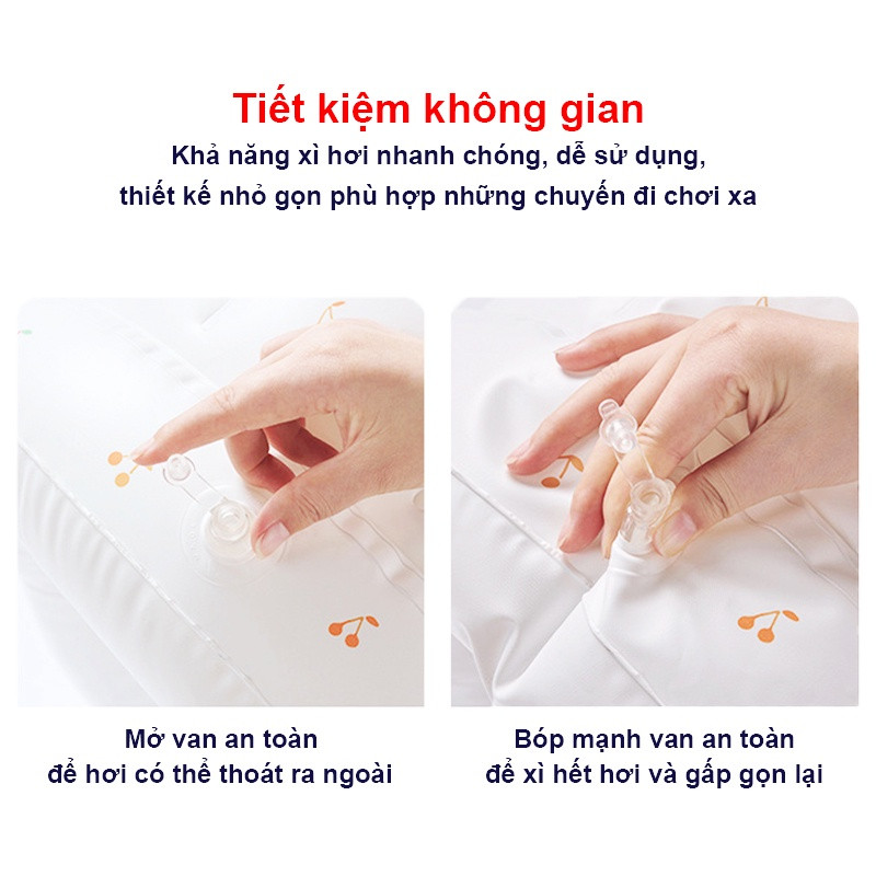 Bé trai thích thú chơi đùa trên ghế hơi tập ngồi cho bé màu xanh, đảm bảo an toàn
