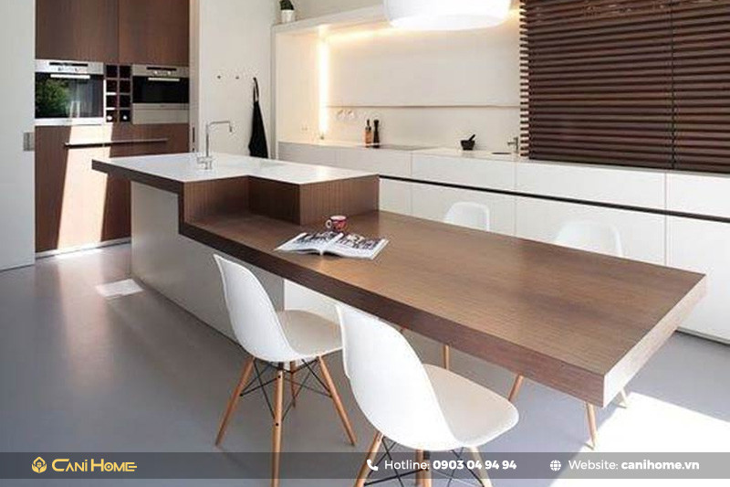Bếp đảo kết hợp bàn ăn gỗ công nghiệp