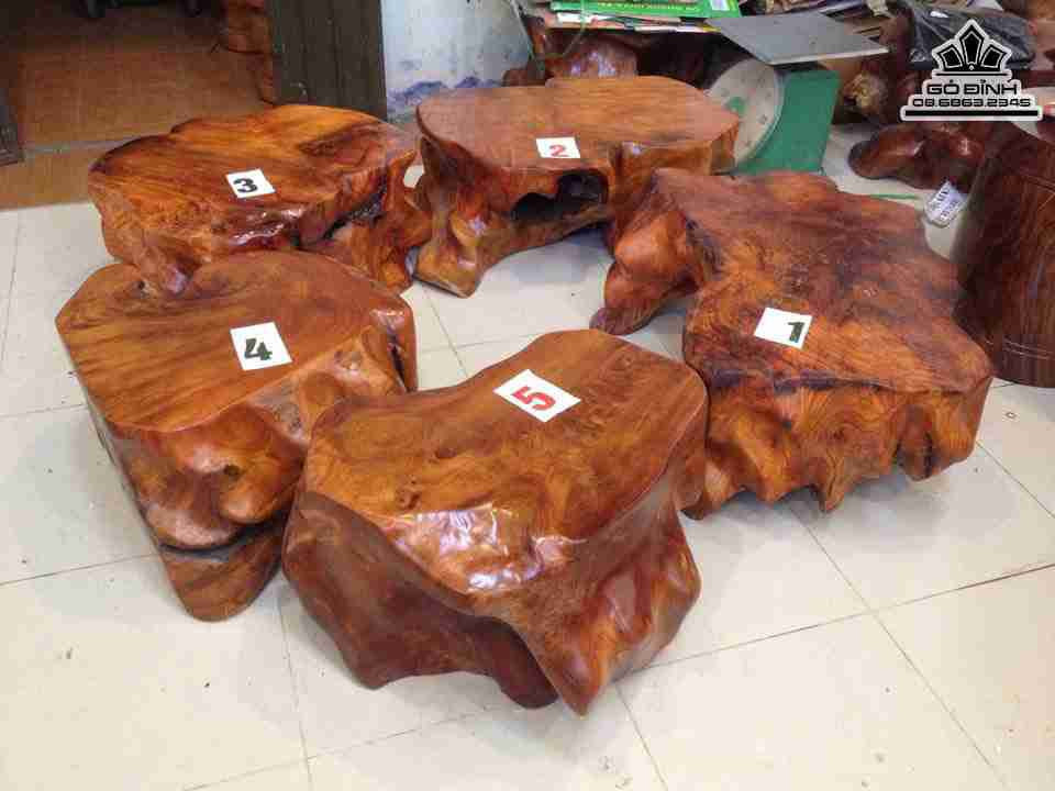 Bộ 5 đôn gốc cây gỗ gõ đỏ nguyên khối, hình dáng tự nhiên dùng trang trí
