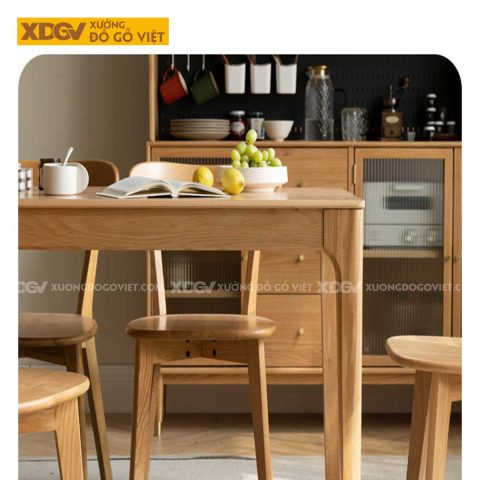 Bộ bàn 4 ghế gỗ Sồi phong cách Japandi với mặt bàn bo cong tinh tế