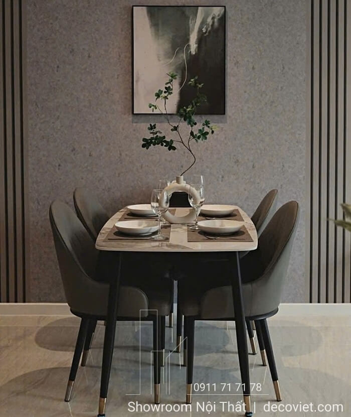Bộ bàn ăn 4 ghế nhỏ gọn, mặt đá và chân sắt thanh lịch