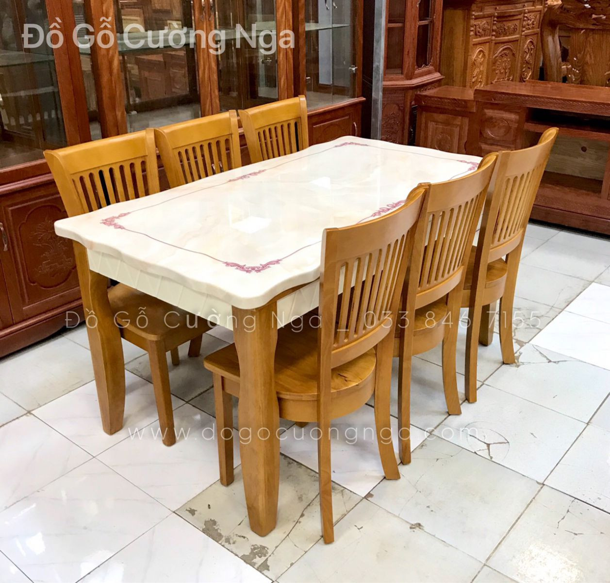 Bộ bàn ăn 6 ghế phong cách hiện đại với khung gỗ và mặt đá vân mây ấn tượng
