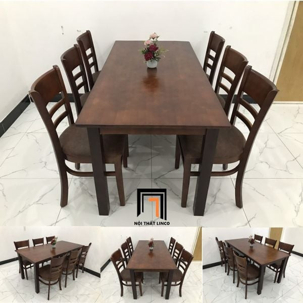Bộ bàn ăn 6 ghế với mặt bàn bằng gỗ tự nhiên và ghế bọc vải màu be, đặt trong không gian bếp hiện đại