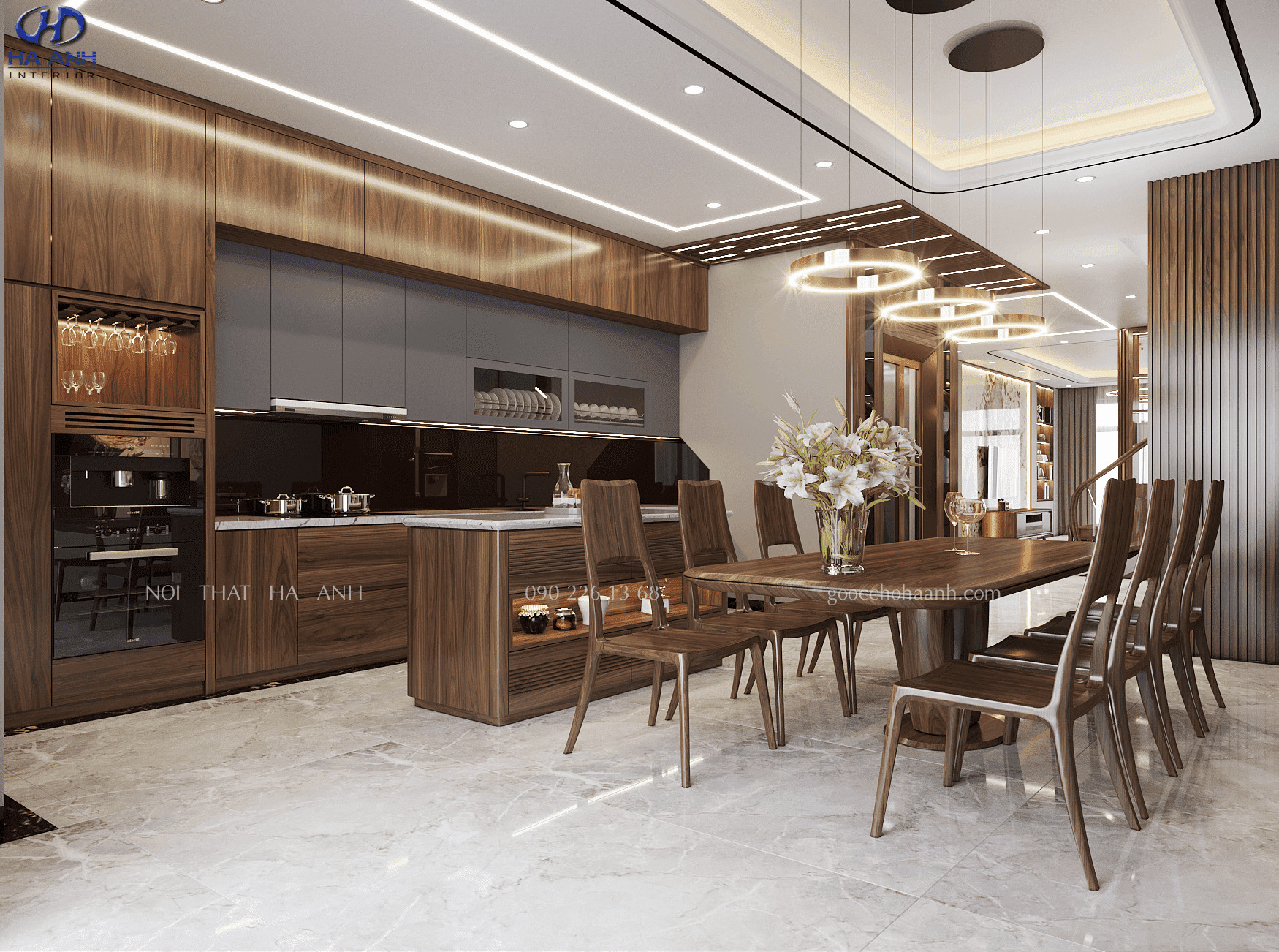 Bộ bàn ăn 8 ghế gỗ óc chó với thiết kế chân bàn chắc chắn