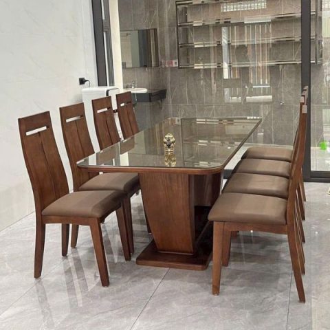 Bộ bàn ăn 8 ghế gỗ sồi Nga với đệm da cao cấp