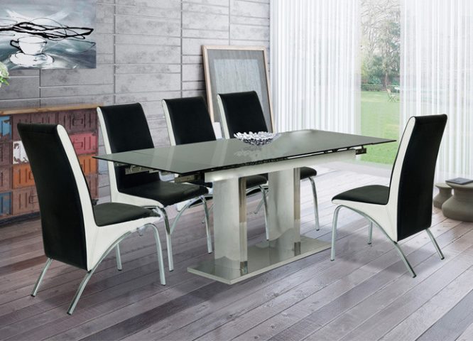 Bộ bàn ăn chân inox mặt kính cường lực sang trọng