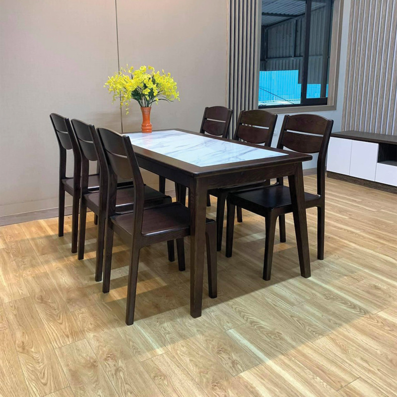 Bộ bàn ăn cơm 6 người với 6 ghế mặt trắng thanh lịch