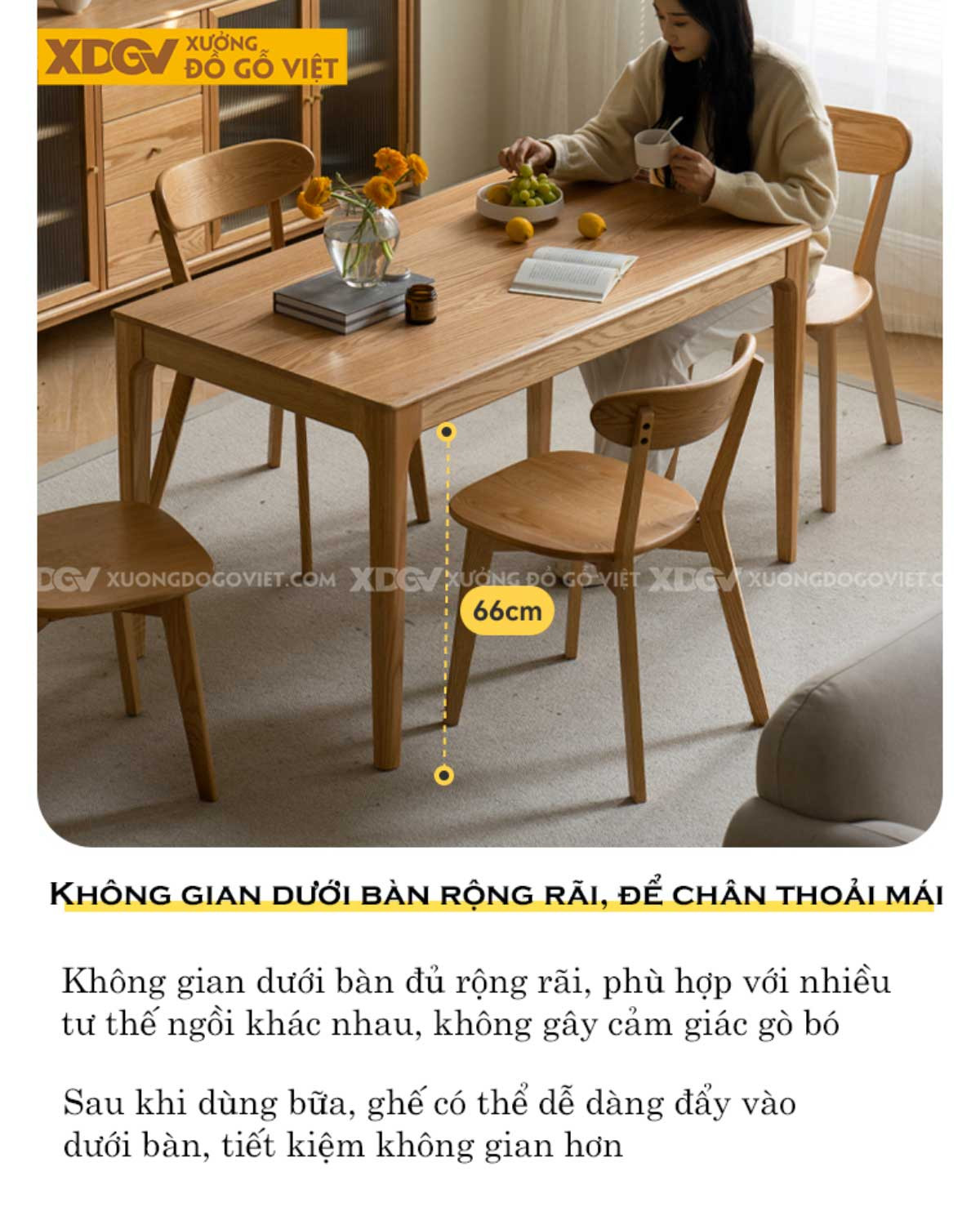 Bộ bàn ăn gỗ 4 ghế nhìn từ trên cao, showcasing thiết kế tối giản, hiện đại