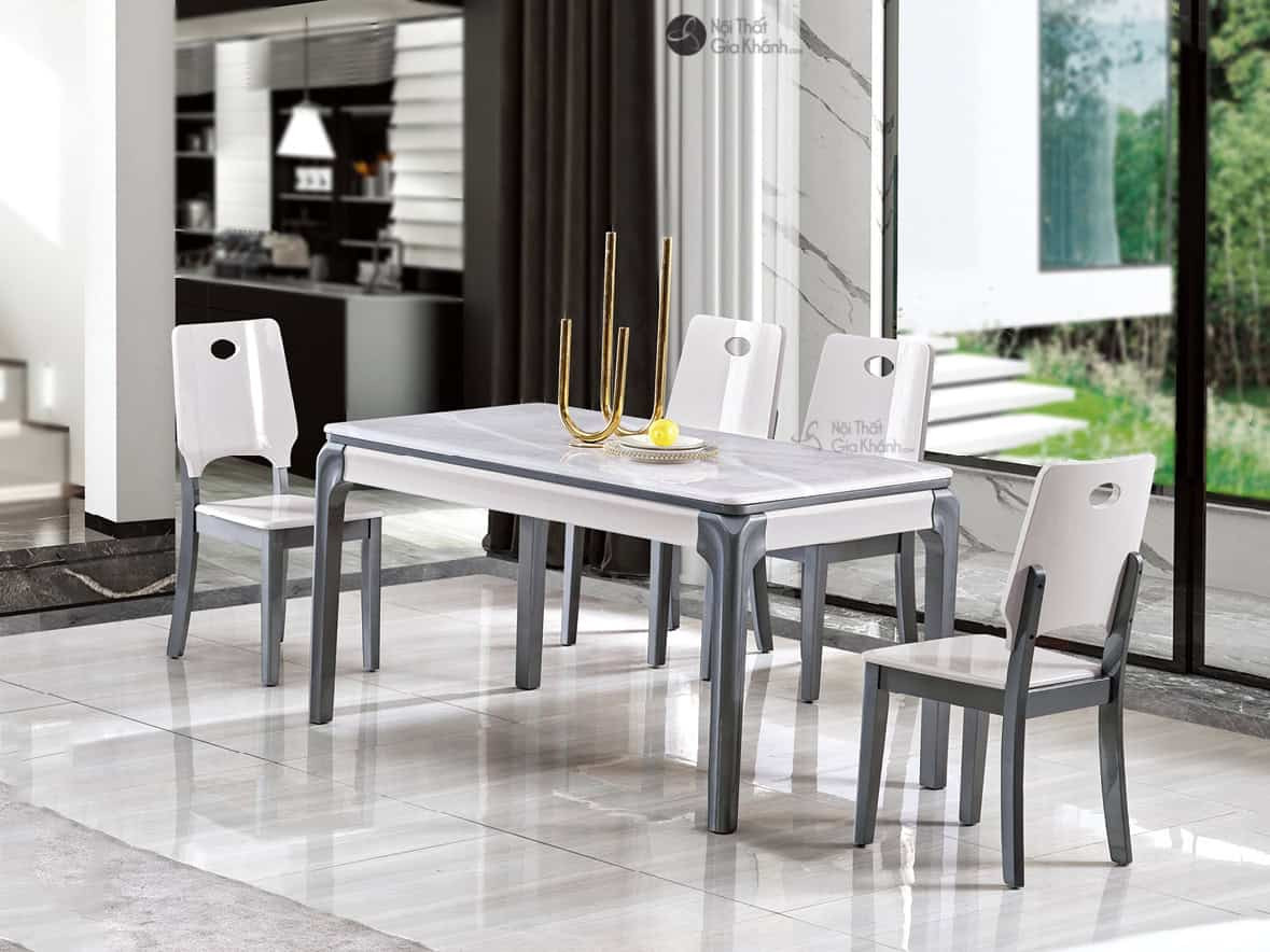 Bộ bàn ăn gỗ công nghiệp đẹp phong cách tối giản với mặt đá vân mây sang trọng.