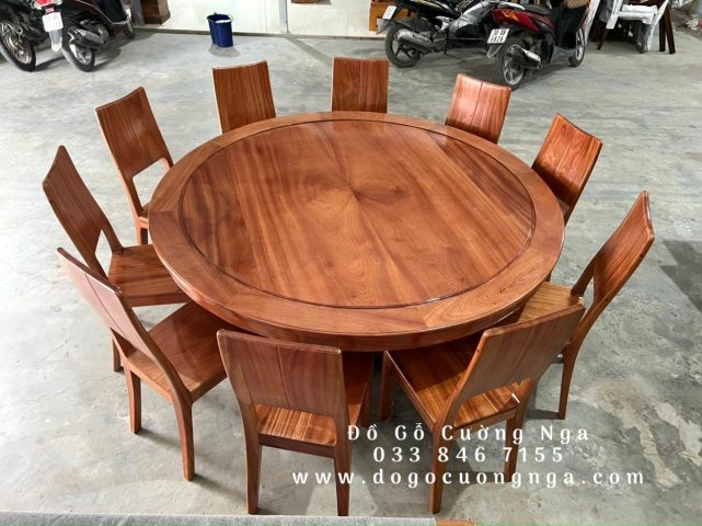 Bộ bàn ăn gỗ tròn 10 ghế xoan đào sang trọng cho không gian phòng ăn rộng rãi