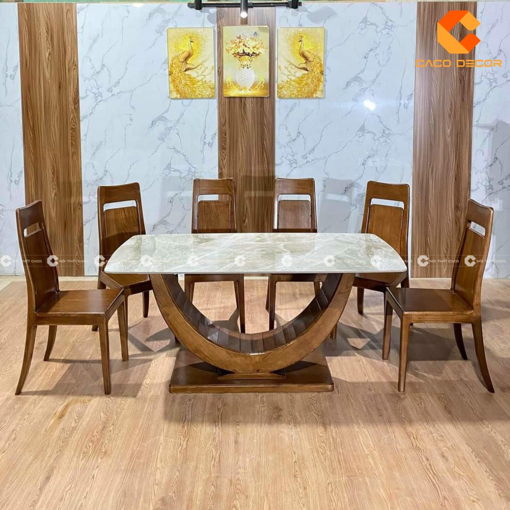 Bộ bàn ăn hình chữ nhật gỗ óc chó tự nhiên
