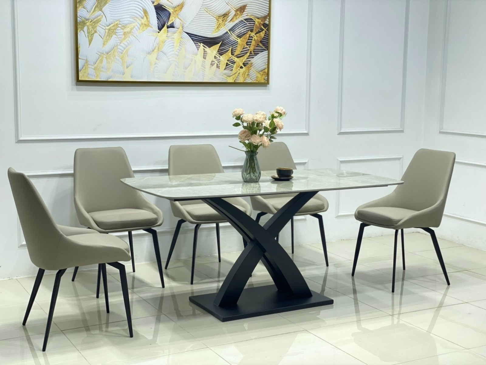 Bộ bàn ăn mặt đá hiện đại chân chữ X