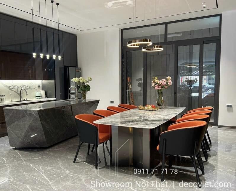 bộ bàn ăn mặt đá marble tự nhiên 8 ghế
