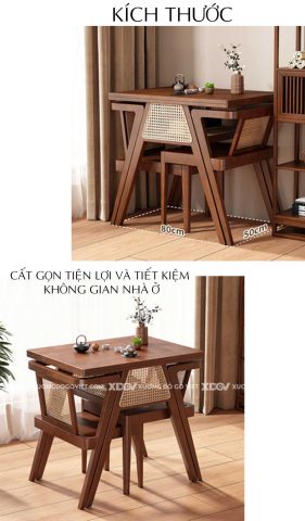 Bộ bàn ăn thông minh gỗ sồi Japandi ghế đan mây