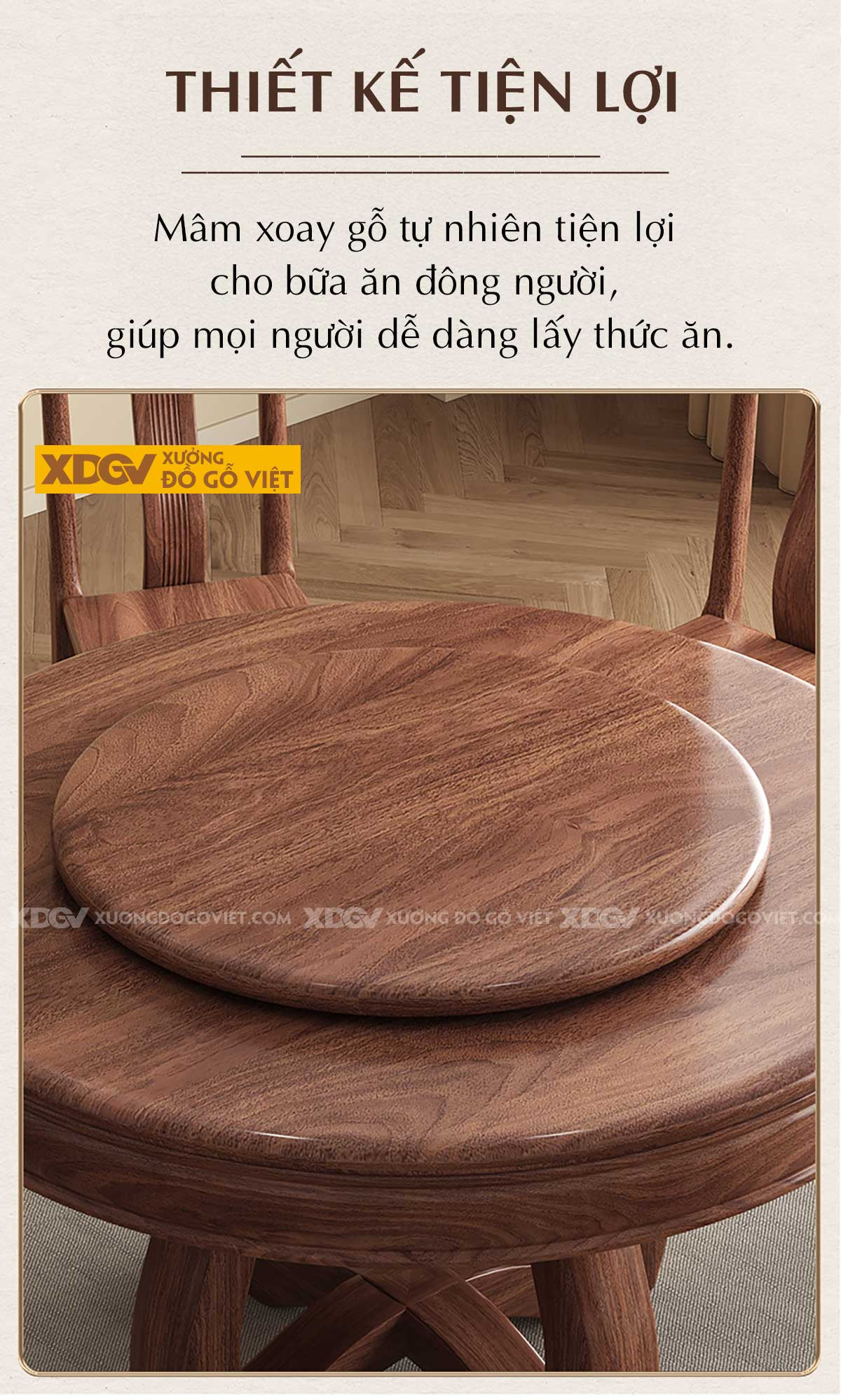Bộ bàn ăn tròn gỗ óc chó tân cổ điển 6 ghế với lưng ghế uốn lượn