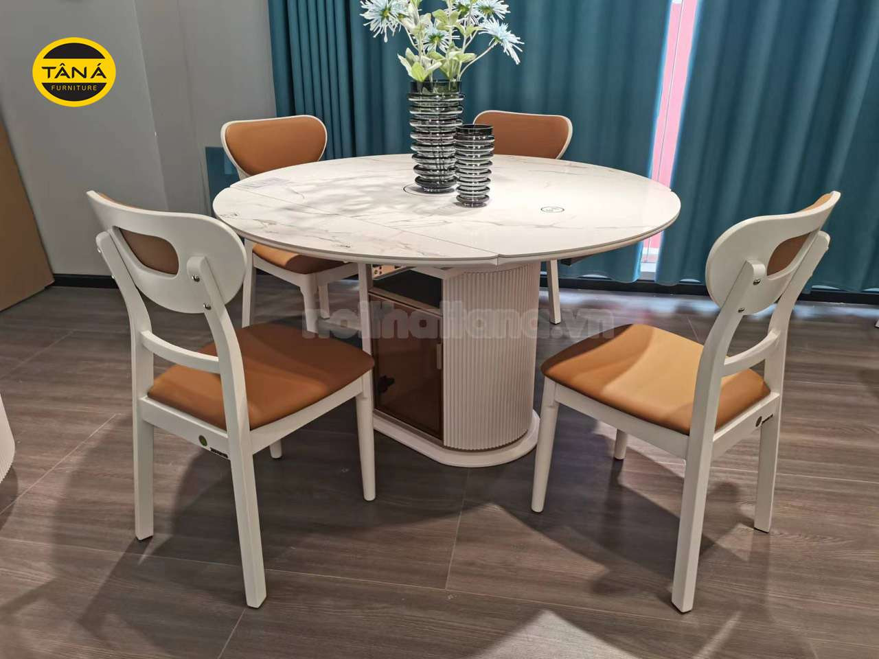 Bộ bàn ăn tròn mặt đá 6 ghế gỗ sồi gấp gọn cho phòng bếp nhỏ