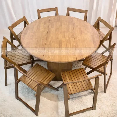 Bộ bàn ăn tròn xếp gọn thông minh màu óc chó, phù hợp 8-10 người