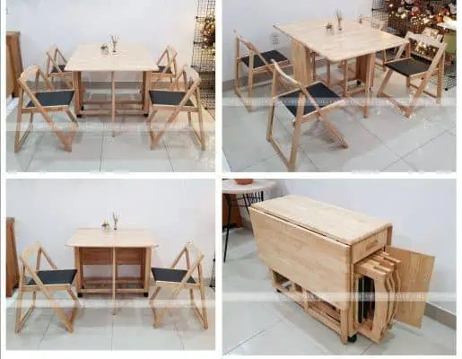 Bộ bàn ăn xếp gọn 4-6 người có bánh xe và ghế bọc nệm, di chuyển dễ dàng