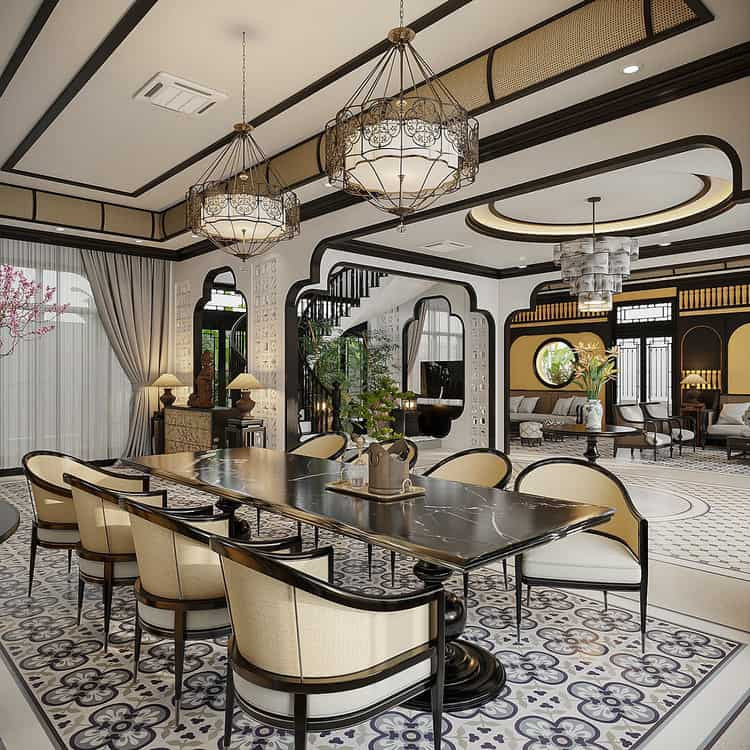Bộ bàn ghế ăn Indochine 8 ghế cách điệu cho biệt thự sang trọng