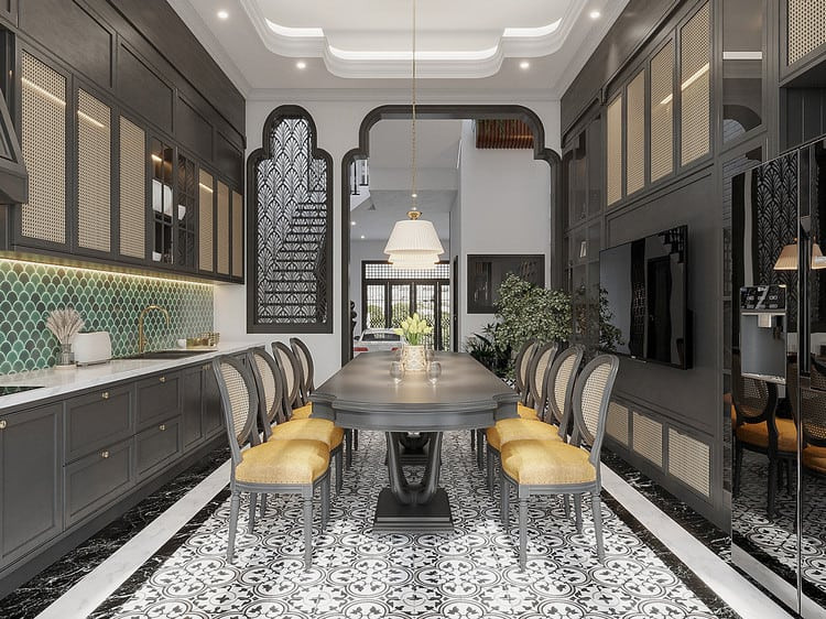 Bộ bàn ghế ăn oval dài phong cách Indochine với ghế tựa mây đan