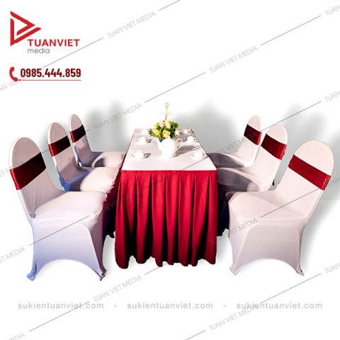 Bộ bàn ghế banquet trắng đỏ cho thuê bàn ghế ăn cỗ trang trọng