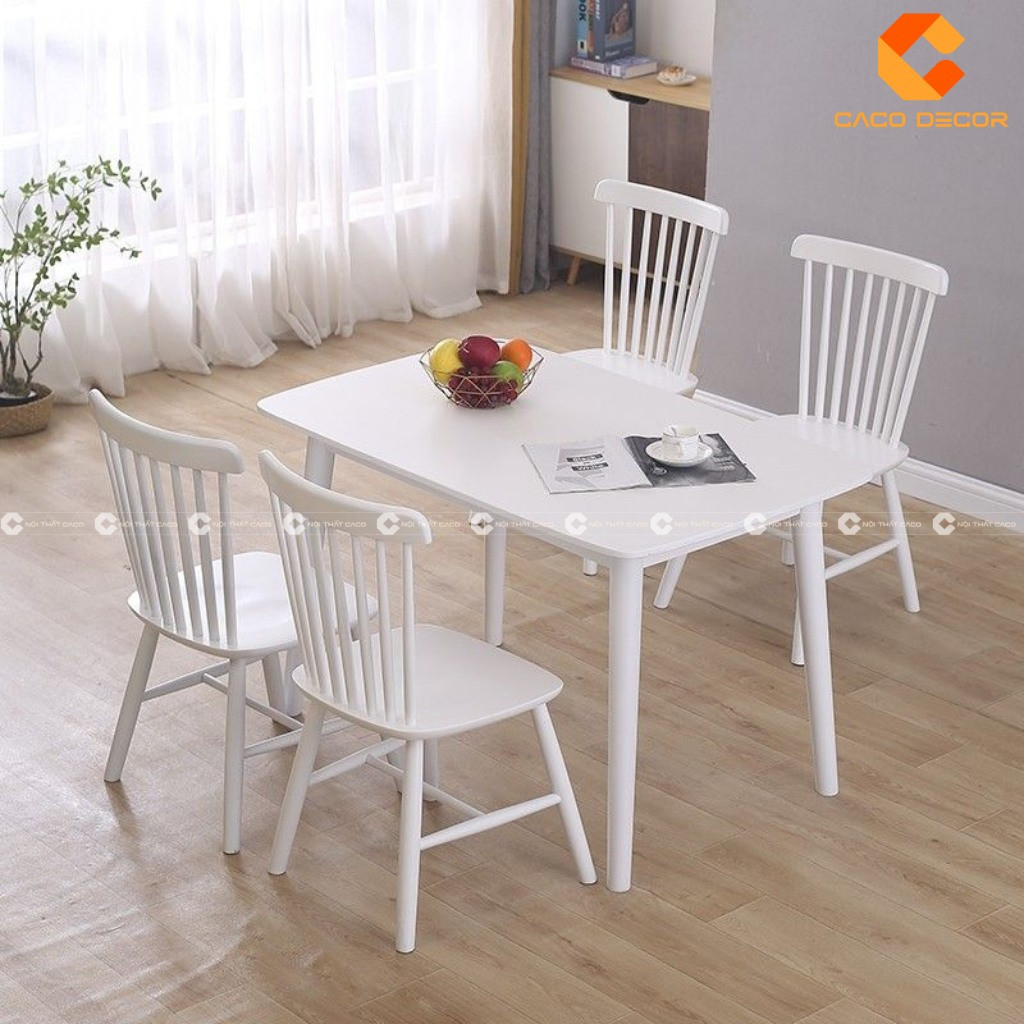 Bộ bàn ghế bếp ăn gỗ sồi sơn trắng tinh tế