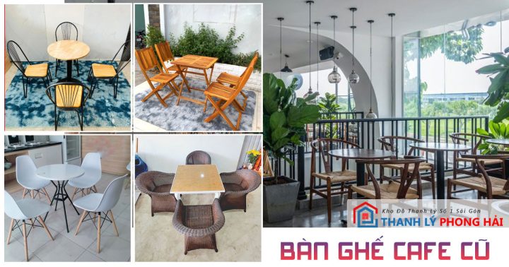 Bộ bàn ghế cà phê cũ với mặt bàn gỗ tròn chân sắt