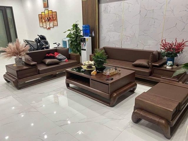 Bộ bàn ghế chữ L bằng gỗ sồi tự nhiên cho phòng khách hiện đại