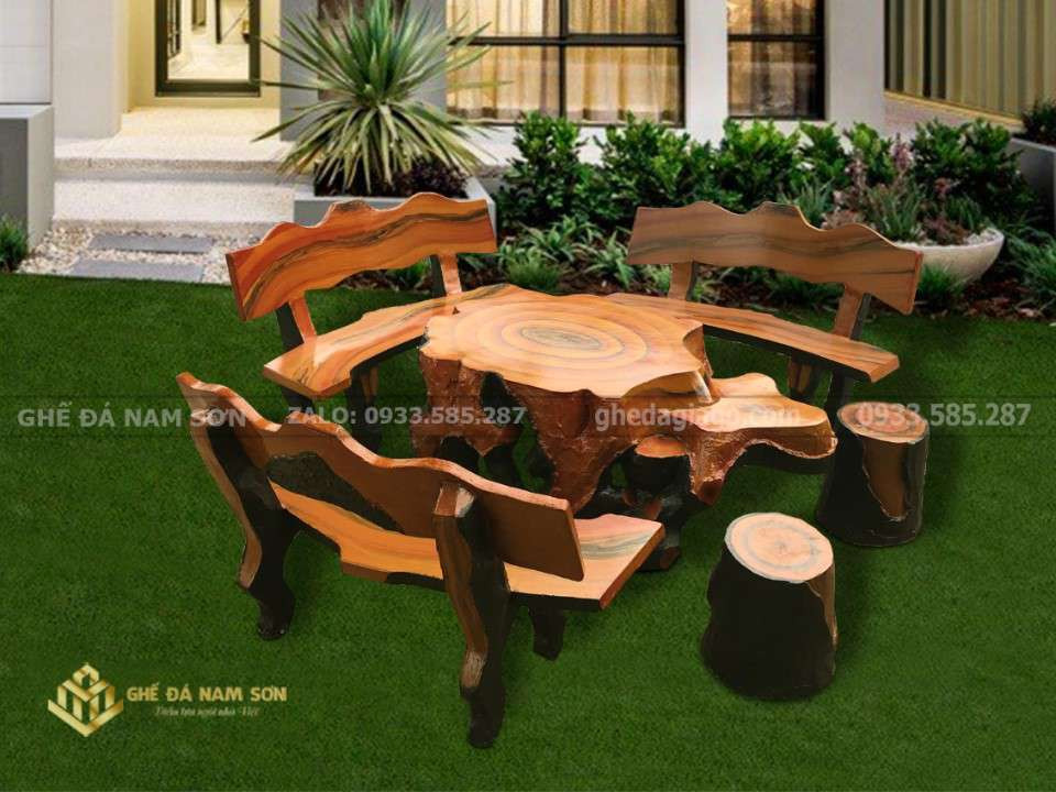 Bộ bàn ghế đá xi măng giả gỗ cao cấp cho sân vườn