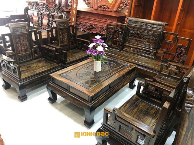 Bộ bàn ghế đồng kỵ đẹp chạm khắc sơn thủy từ gỗ mun nguyên khối