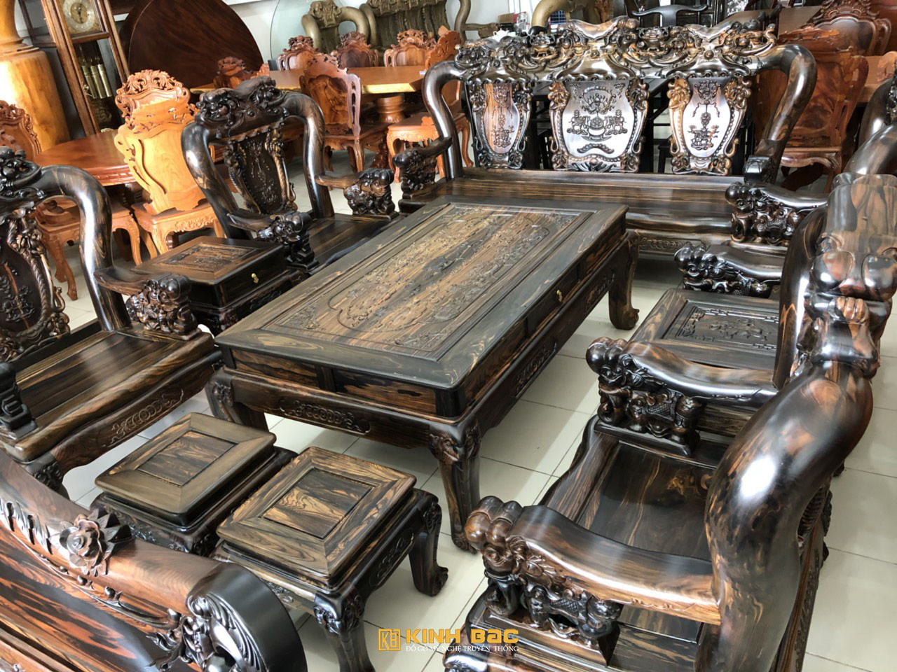 Bộ bàn ghế đồng kỵ đẹp gỗ Mun Hoa 10 món chạm khắc tinh xảo