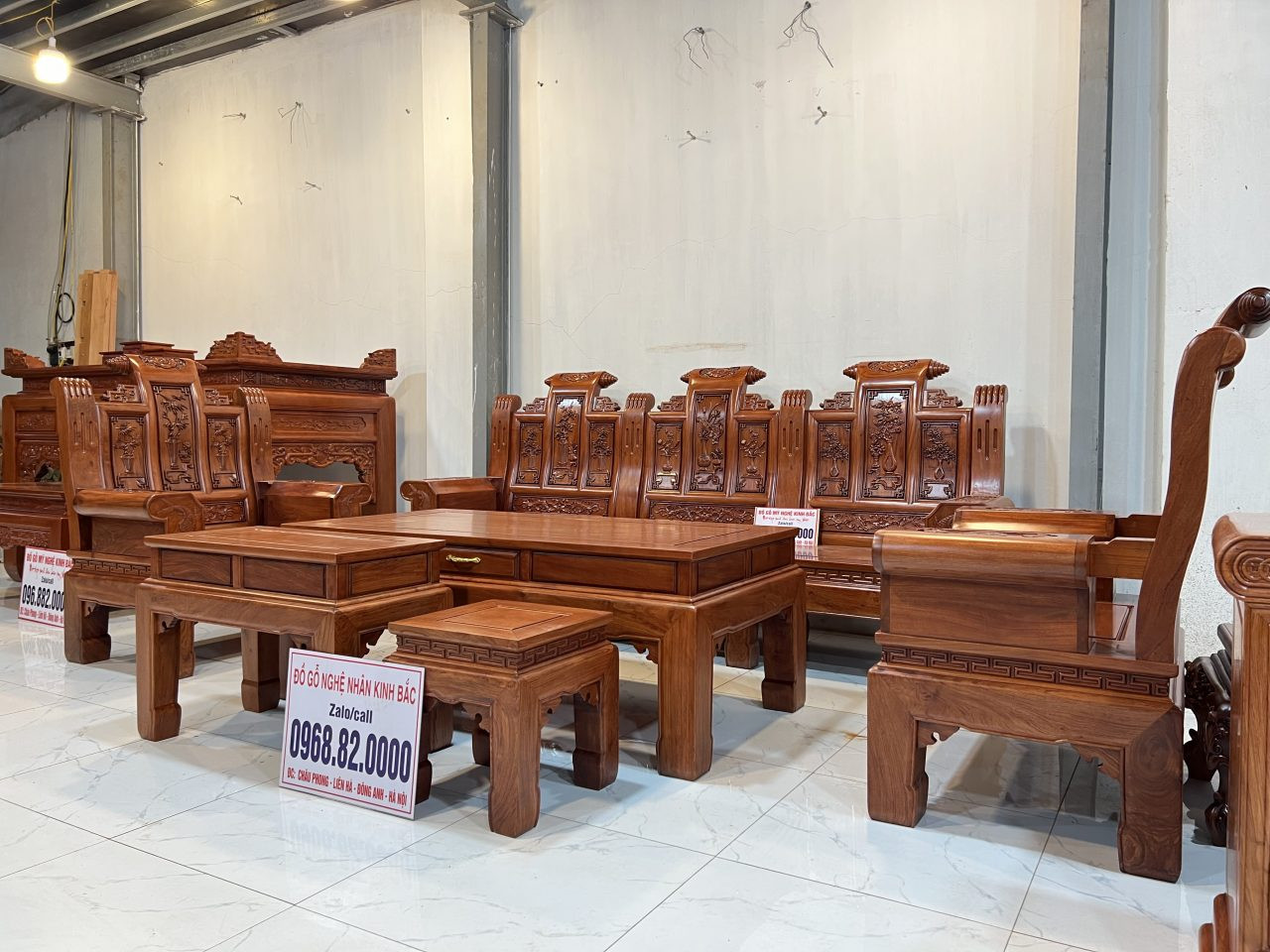 Bộ bàn ghế đồng kỵ gỗ hương đá Nam Phi chân 12, 6 món Âu Á cuốn thư