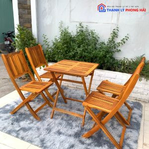 bộ bàn ghế gỗ cafe thanh lý xếp gọn
