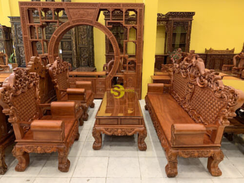 bộ bàn ghế gỗ cổ điển gõ đỏ 6 món mặt liền