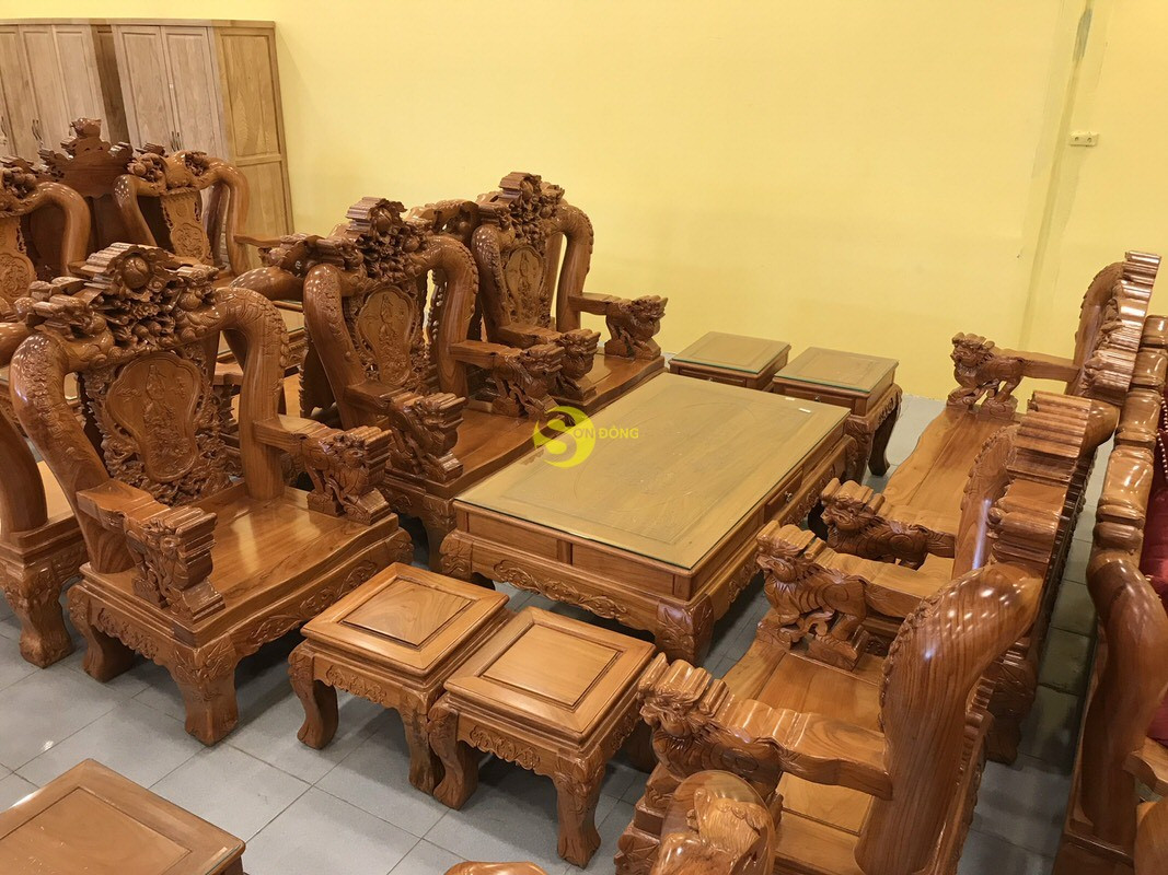 Bộ bàn ghế gỗ Gõ Đỏ chạm Cửu Long Hoa Mai tay 14