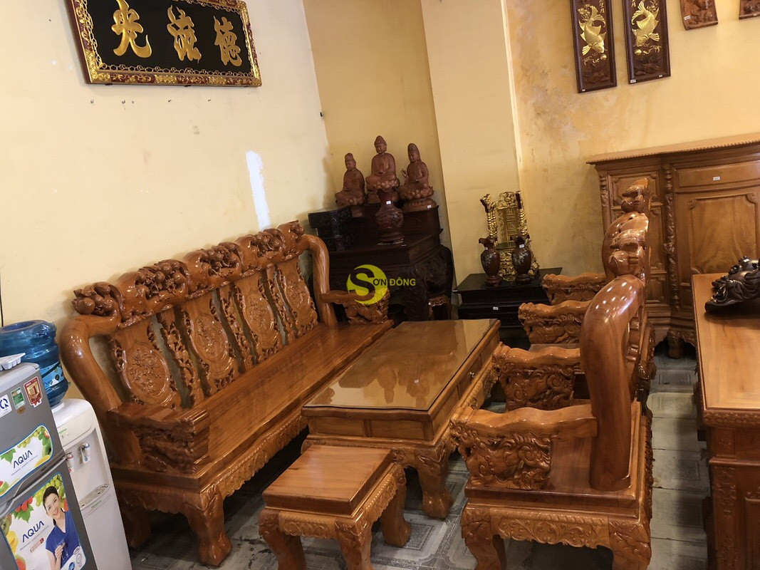 Bộ bàn ghế gỗ Gõ Đỏ chạm Đào Chim tay 14 mặt liền